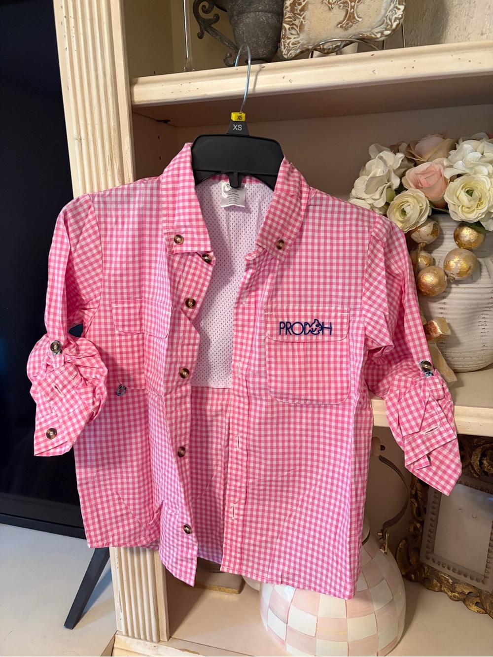 Prodoh boy's Pink Gingham Button-Front Shirt  (Small 8)